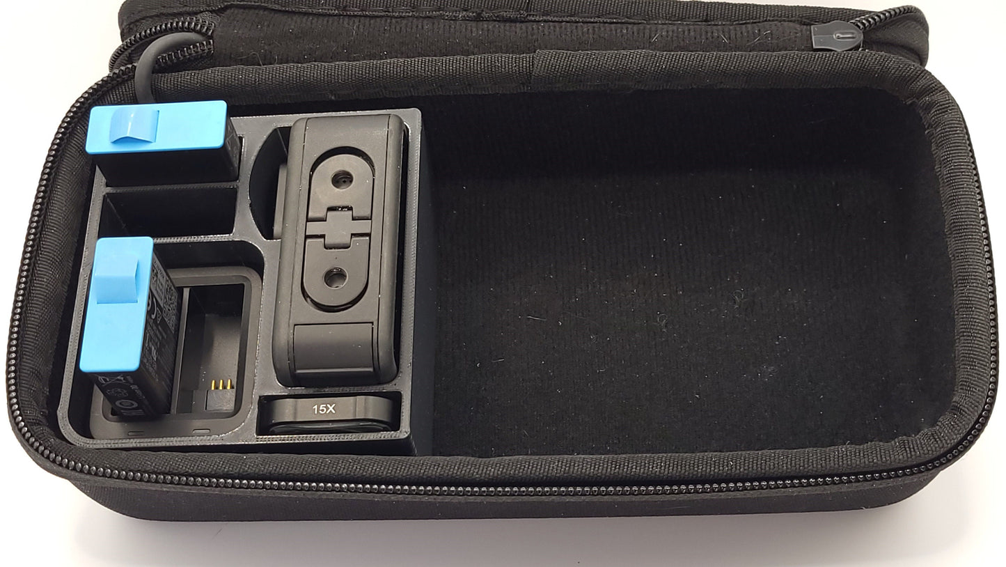 Black GoPro Case Organizer displayed in hard shell case with camera and charger | Charge Batteries on the Go | Sturdy Protection | AirTag Slot | SHORT Version | PLA or Heat Resistant PETG