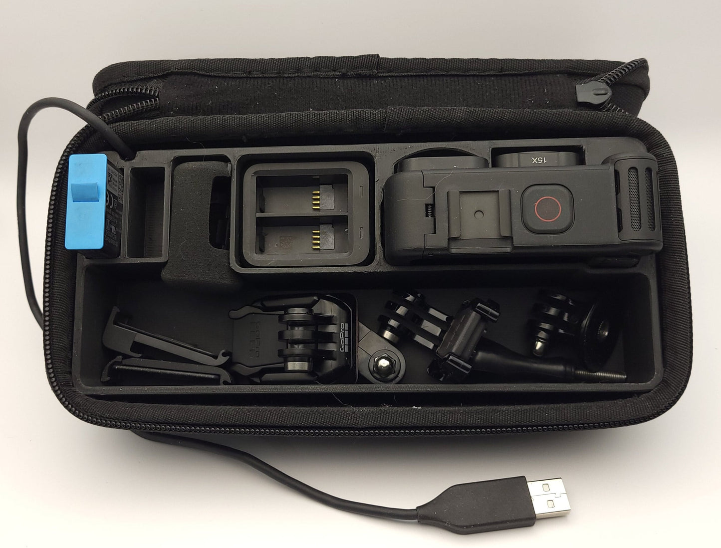 GoPro Media Mod Case Organizer displayed in hard shell case | Charge Batteries on the Go | Sturdy Protection | AirTag Slot | PLA or Heat Resistant PETG